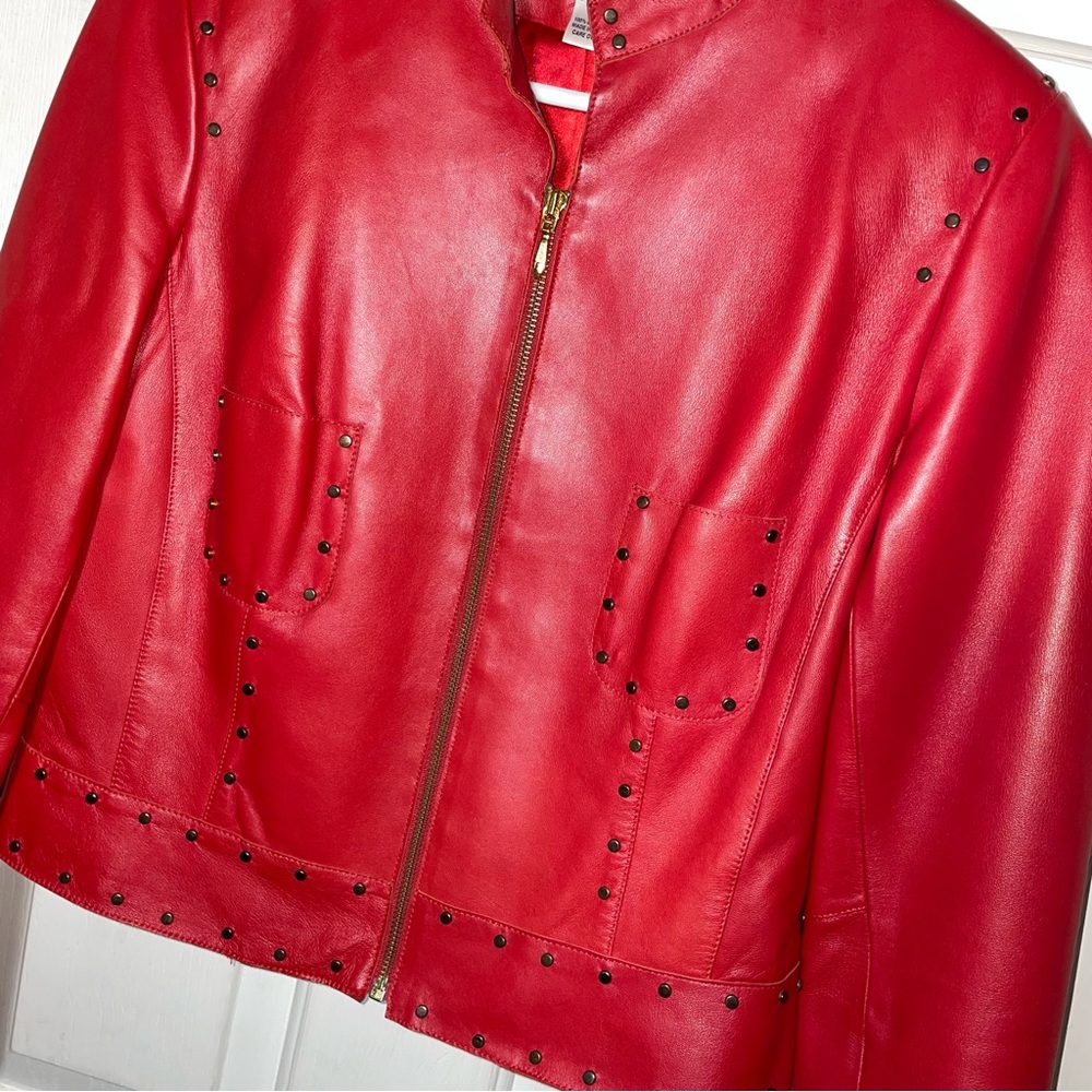 Cache Red Leather Brass Studded Jacket - image 2